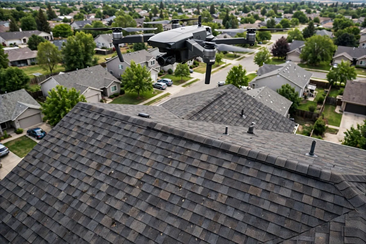 Aerial drone view of a residential shingle roof over a suburban neighborhood.