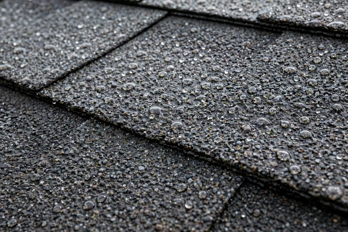 Close-up of asphalt shingles with water droplets on the surface.