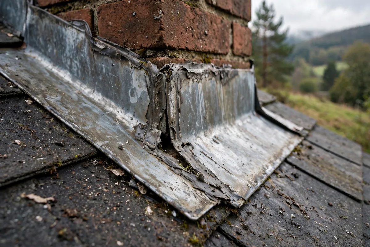 Close-up of worn metal flashing around a chimney base.