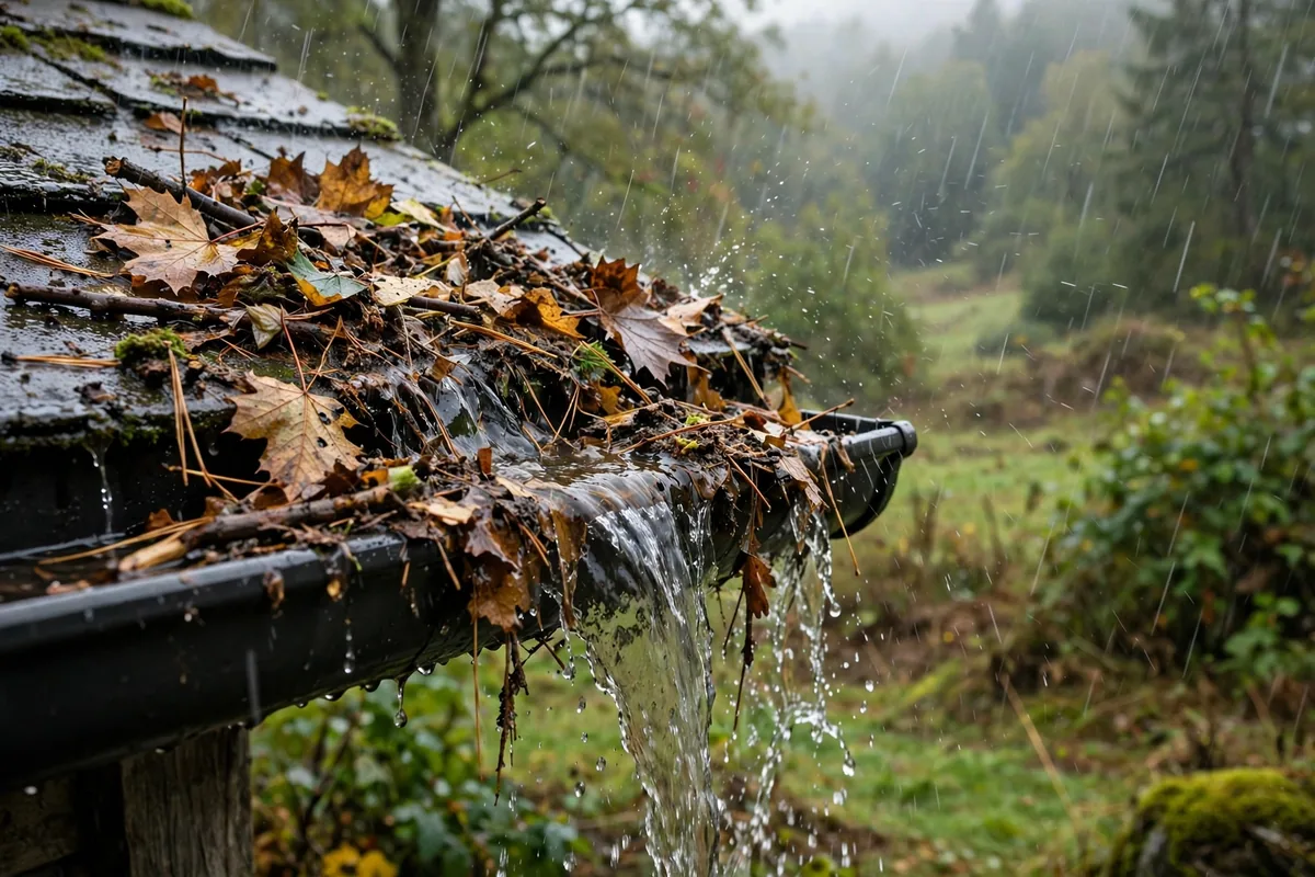 Overflowing rain gutter clogged with leaves during heavy rain.