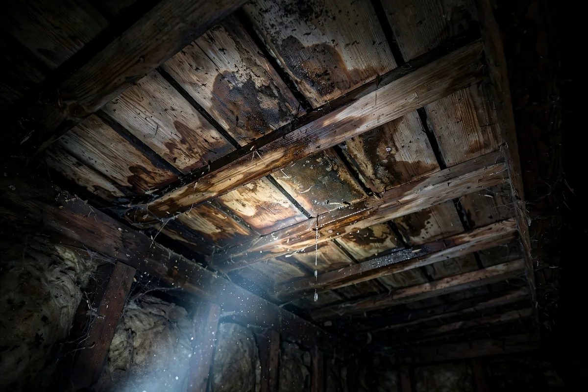 Moisture stains and a water drip on wooden attic boards under a flashlight beam.