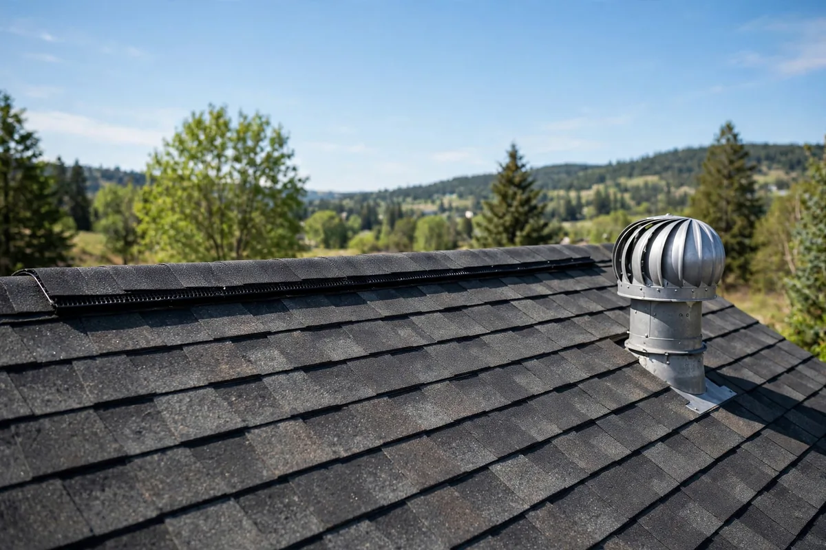 Ridge vent and turbine vent on a shingle roof against a blue sky.