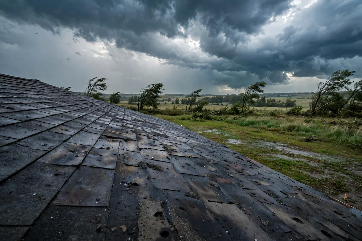 Hail dents and bruising on dark shingles after a storm.