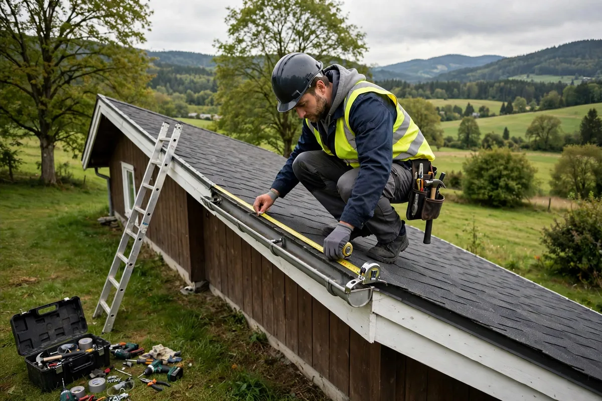 Roofing worker measuring a roof edge with a tape measure.