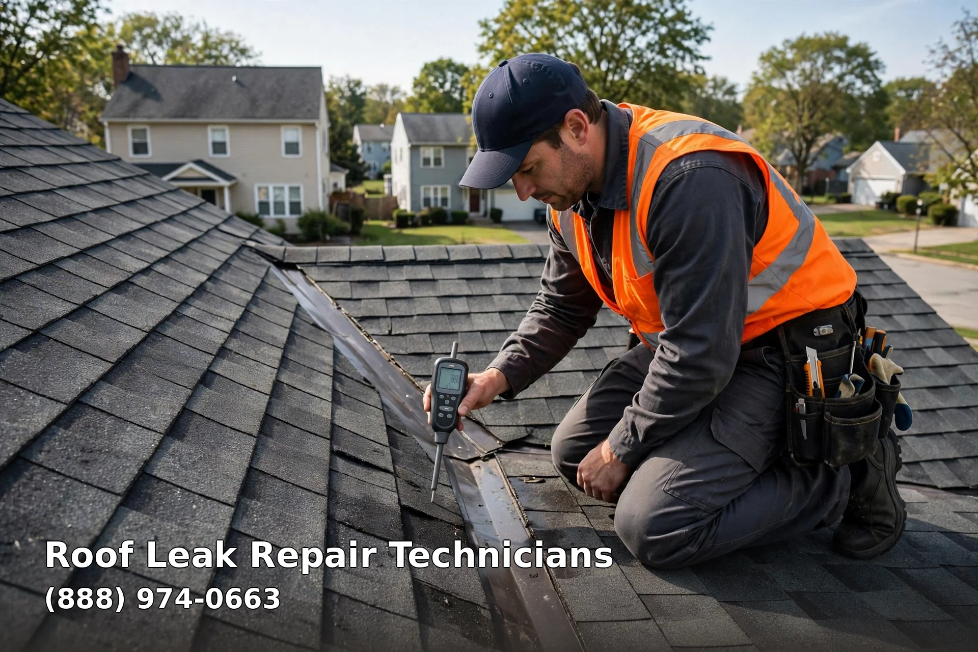 Roofer performing roof leak repair on a Sicklerville home