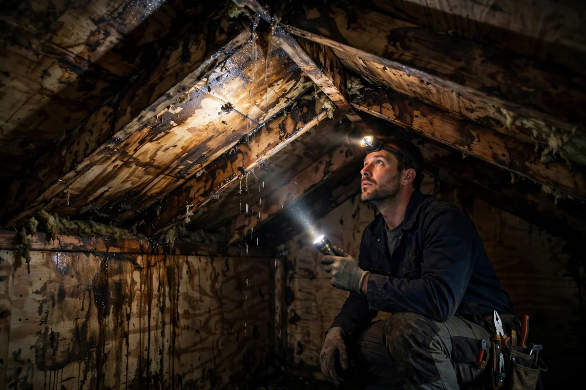 Technician with a headlamp inspecting water-stained rafters in an attic under a leaking roof.