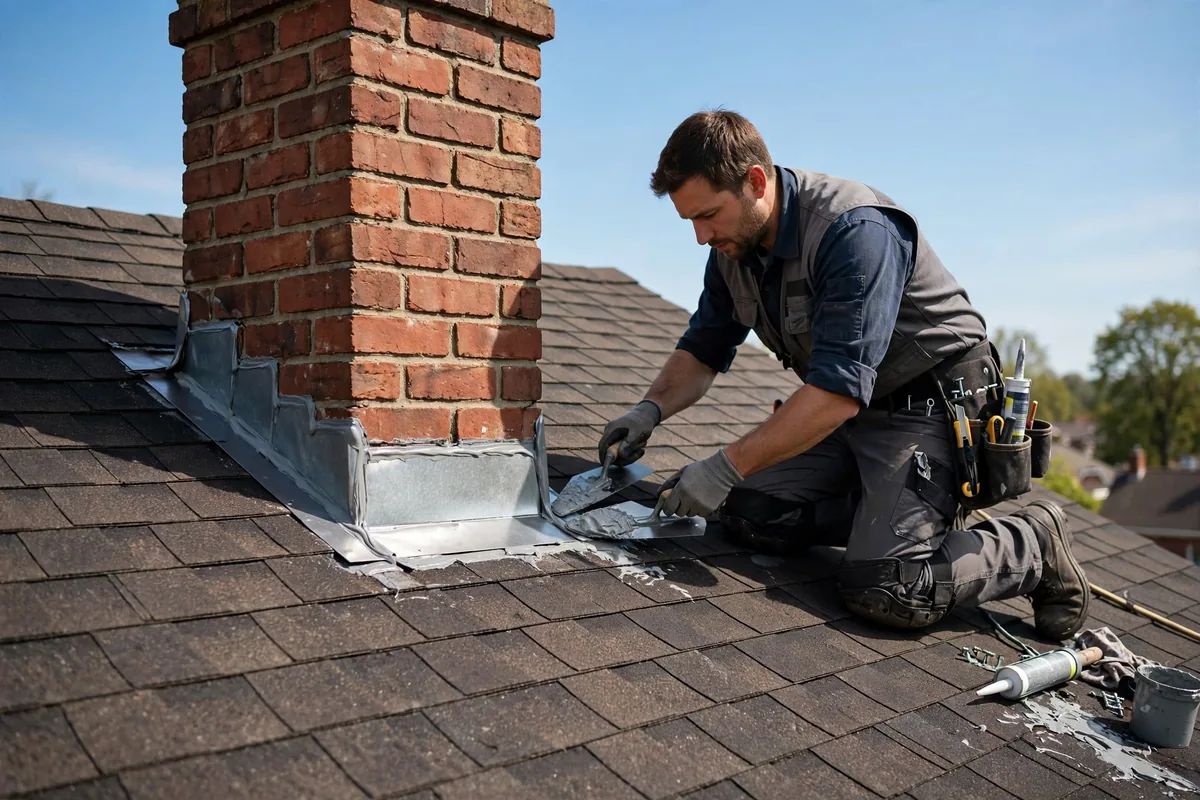 Technician resealing the metal flashing where a brick chimney meets a shingle roof.