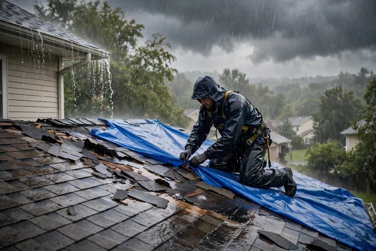 Roofer securing an emergency tarp over a leaking roof section during heavy rain.