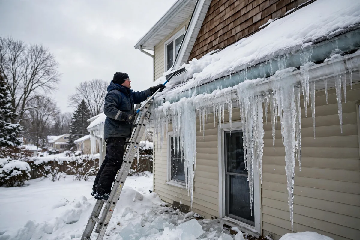 Worker clearing a thick ice dam along a snow-covered roof eave with a roof rake.