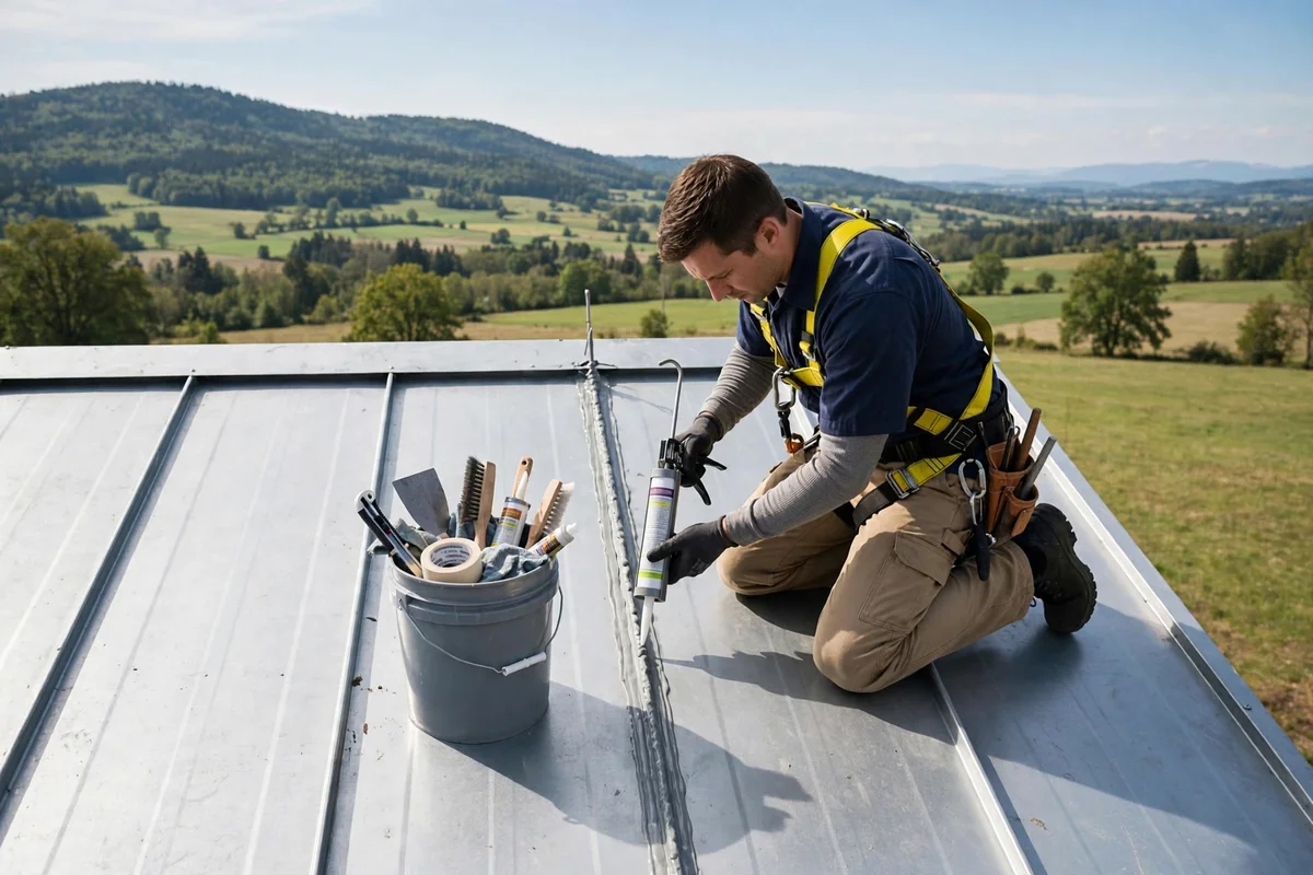 Technician sealing the seams of a standing-seam metal roof on a bright day.