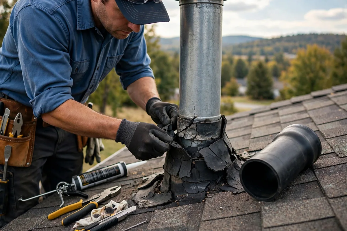 Close-up of a technician replacing a cracked rubber boot around a roof vent pipe.