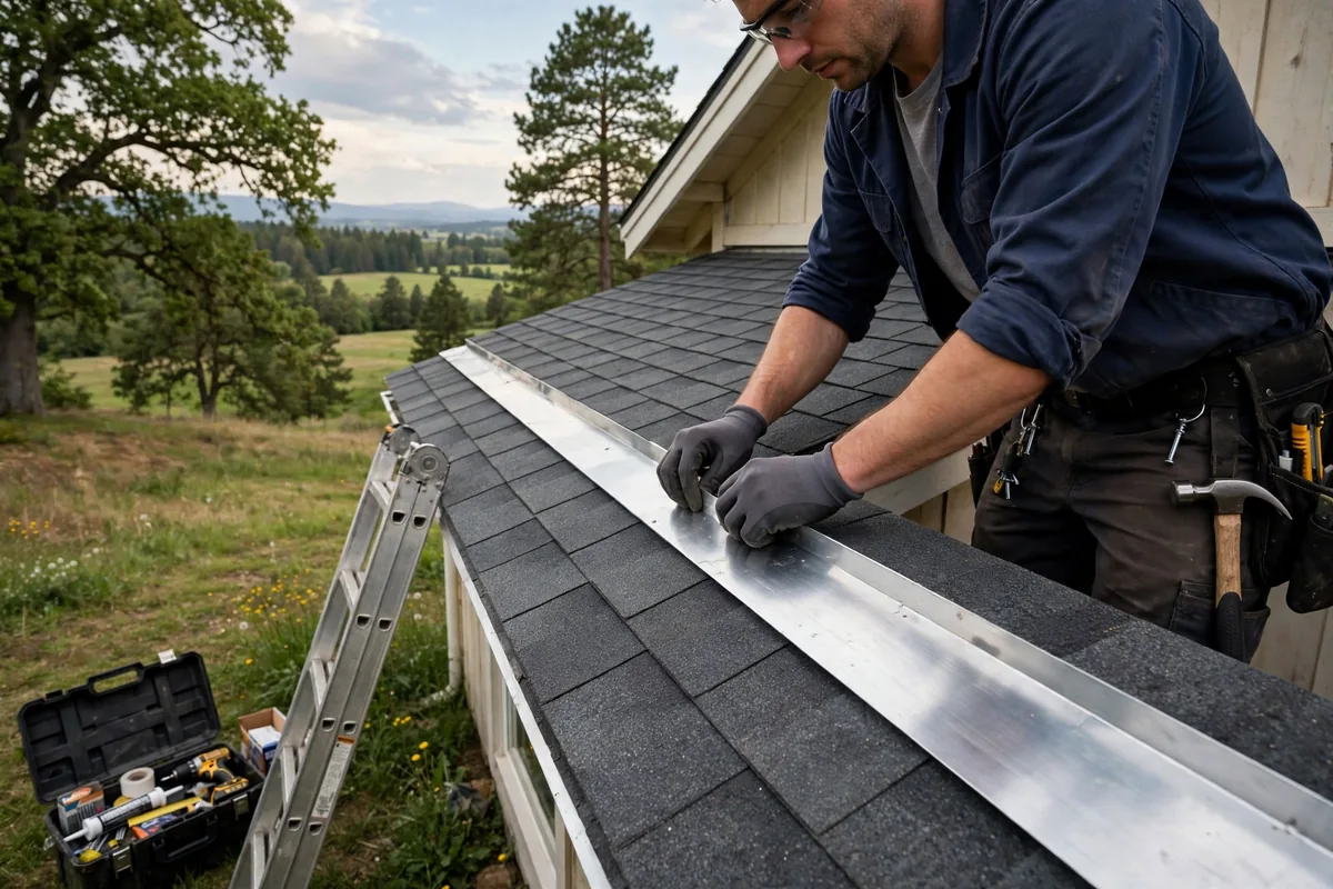 Roofer installing new aluminum flashing along the edge of a shingle roof.