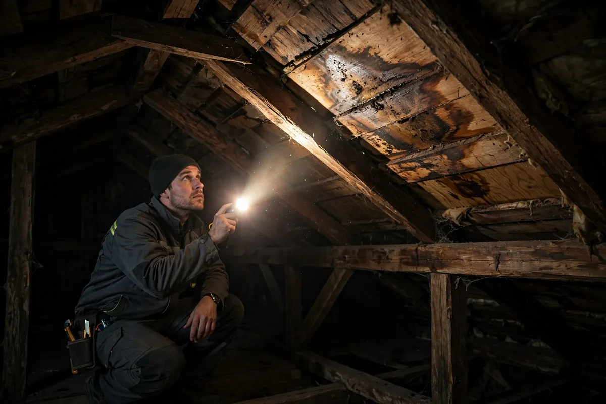 Technician with a flashlight tracing water intrusion inside a dark attic.