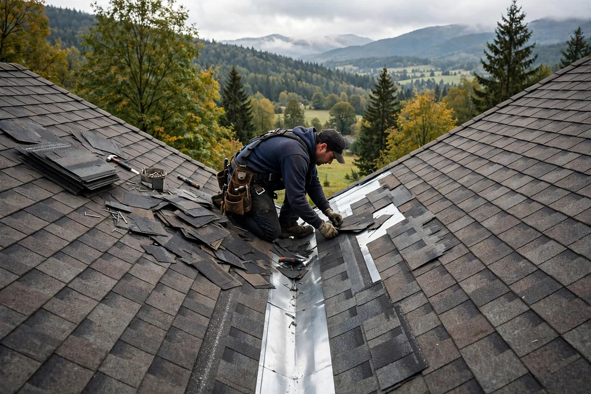 Roofer replacing shingles along the valley where two roof slopes meet.