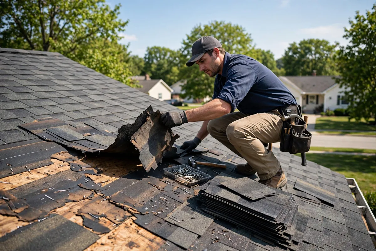 Technician installing replacement asphalt shingles on a residential roof.