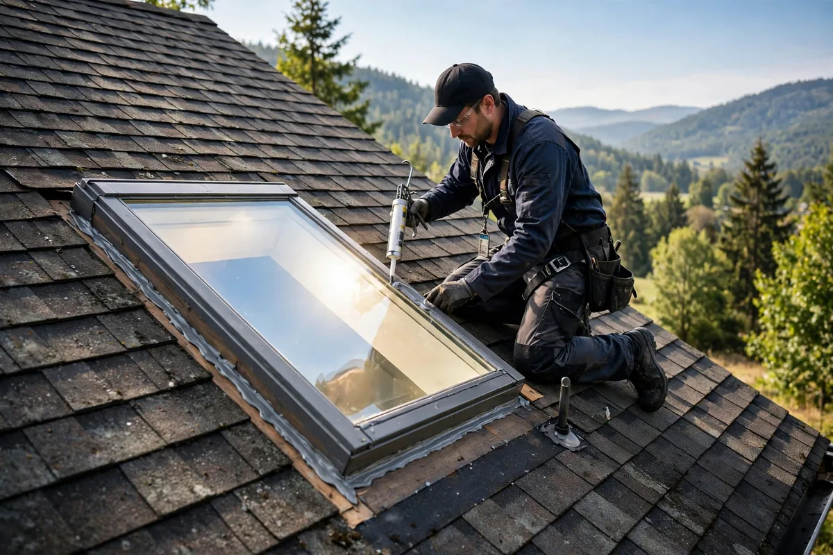 Technician resealing the curb of a skylight on a sloped shingle roof.