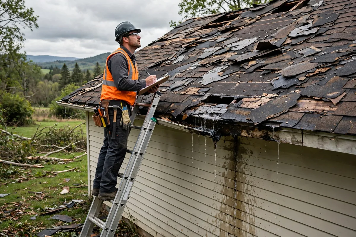 Contractor inspecting a wind-damaged roof with missing shingles.